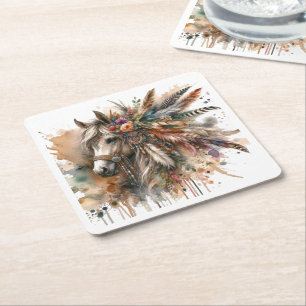 Beautiful Boho Horse Square Paper Coaster