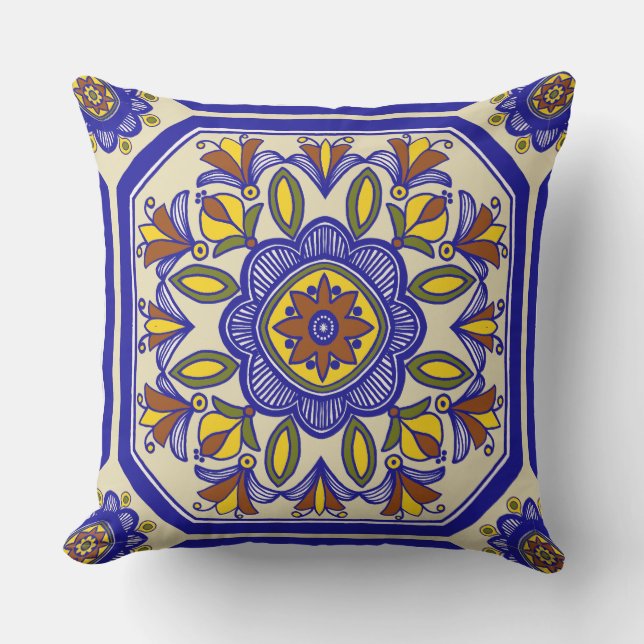 Beautiful Boho Italian Tile Outdoor Pillow (Front)