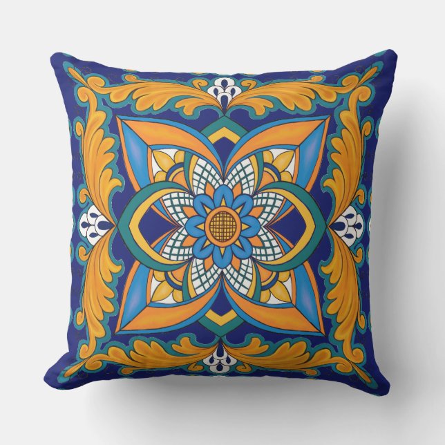 Beautiful Boho Italian Tile Outdoor Pillow (Front)