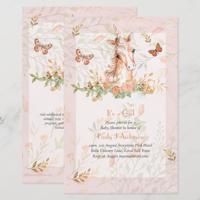 Beautiful Boho Unicorn Baby Girl Shower Invitation (Front/Back)