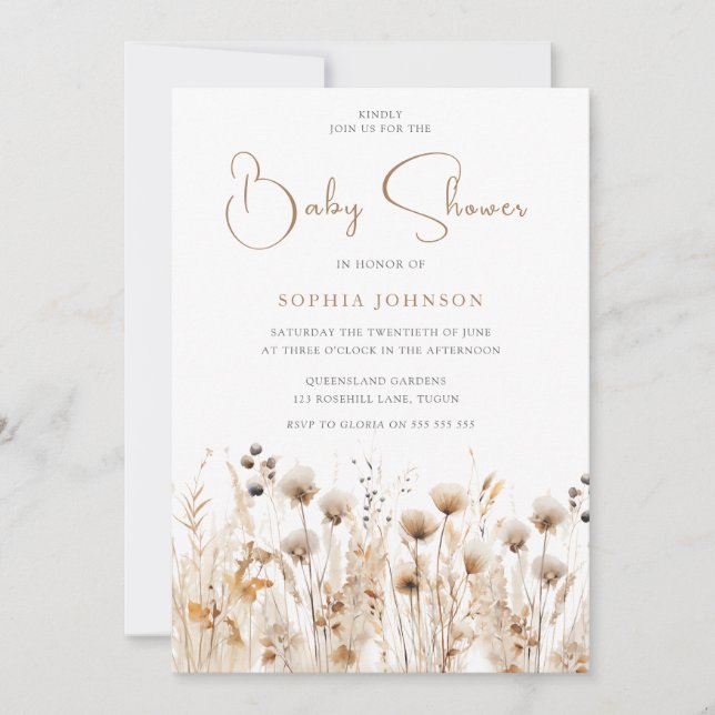Beautiful Boho Watercolor Wildflower Baby Shower Invitation (Front)
