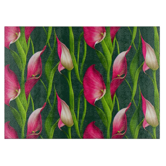 Beautiful Bold Pink & Green Calla Lilly Florals Cutting Board (Front)