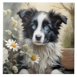 Beautiful Border Collie Dog Flowers Ceramic Tile
