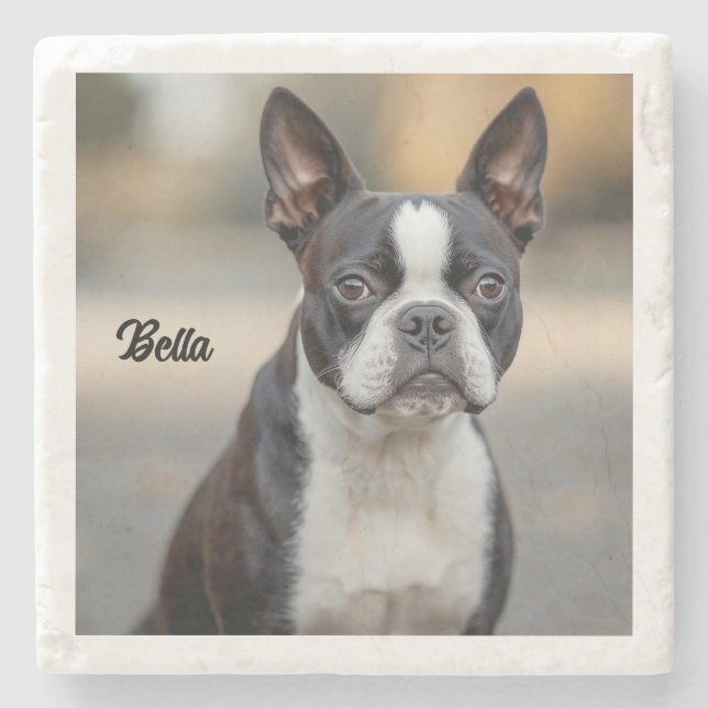 Beautiful Boston Terrier Personalised Stone Coaster (Front)