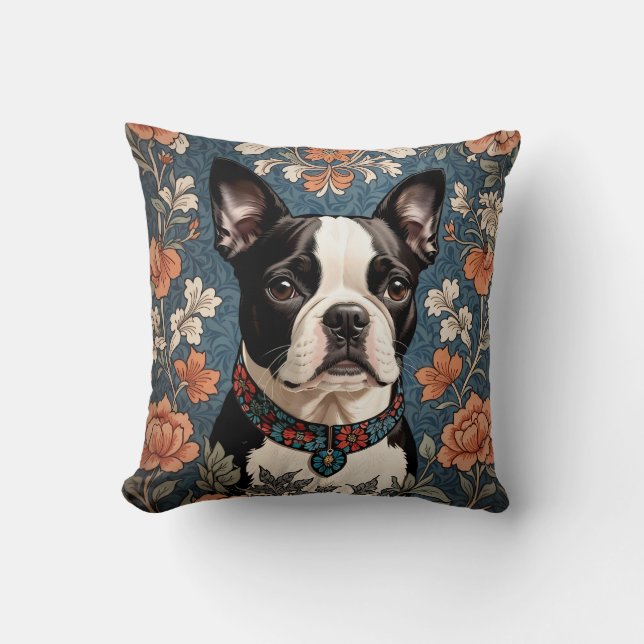Beautiful Boston Terrier William Morris Inspired Cushion (Front)