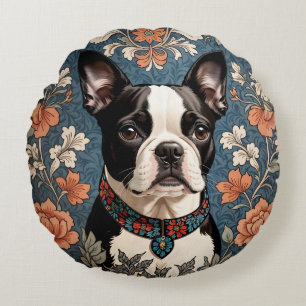 Beautiful Boston Terrier William Morris Inspired Round Cushion