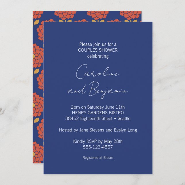 Beautiful Botanical Blue Red Floral Couples Shower Invitation (Front/Back)