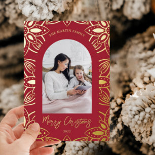Beautiful Botanical Frame Photo Christmas Red Foil Holiday Card