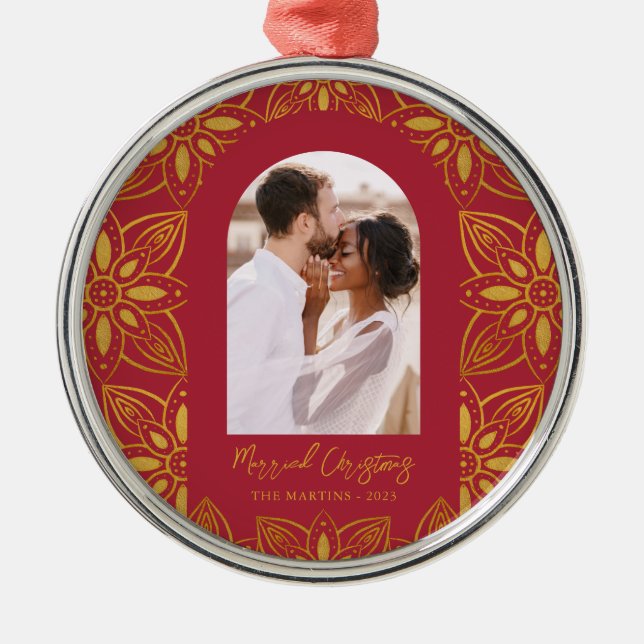 Beautiful Botanical Married Christmas Photo Red Metal Ornament (Front)