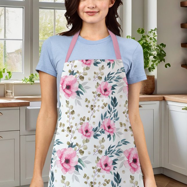 Beautiful Botanical Pink And Green Floral Apron (Creator Uploaded)