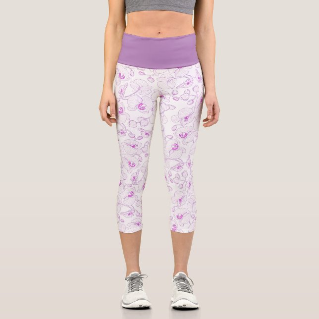 Beautiful Botanical Purple Orchid Girly Floral Capri Leggings (Front)