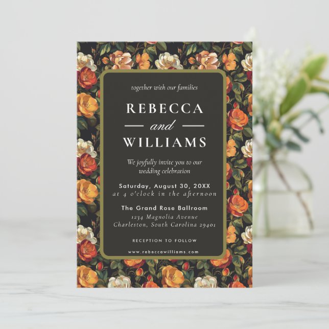 Beautiful Botanical Rose  Fall Wedding Invitation  (Standing Front)