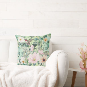 Beautiful Botanical Wildflowers and Hummingbird Cushion