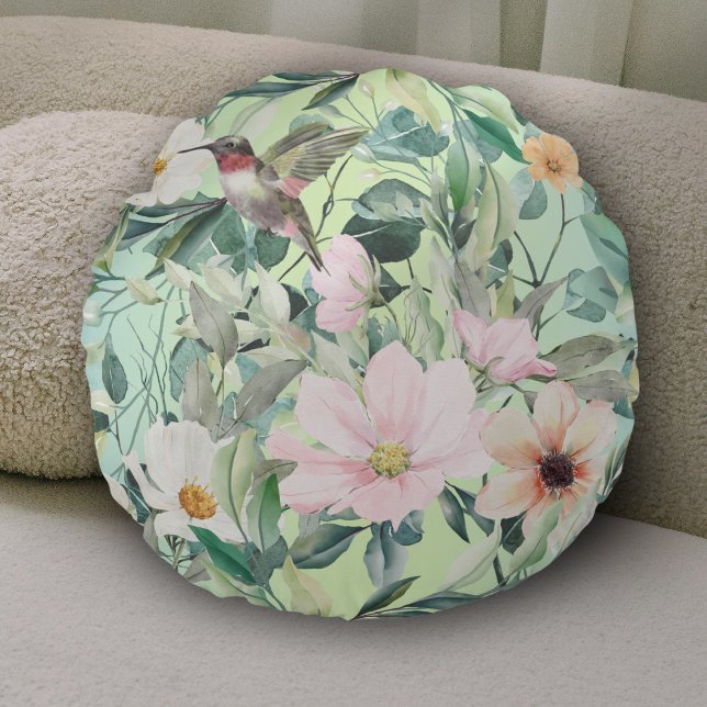 Beautiful Botanical Wildflowers and Hummingbird Round Cushion (Creator Uploaded)