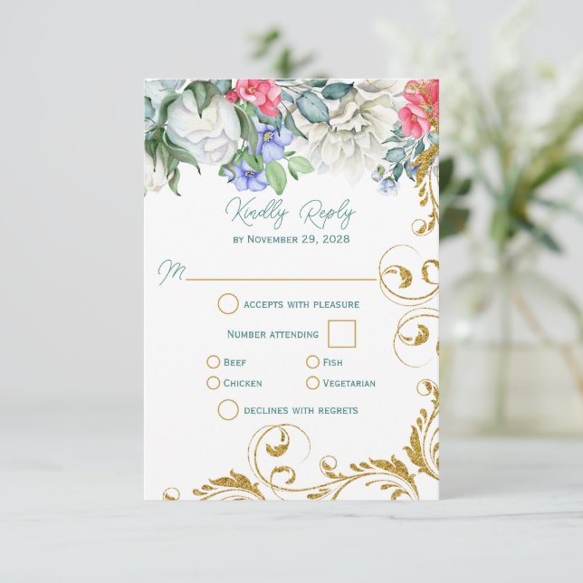Beautiful Botanicals with Faux Gold Swirls RSVP (Standing Front)