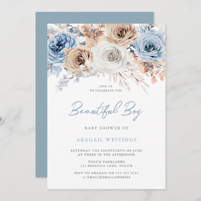 Beautiful Boy's Baby Shower: Boho Blue Floral Invitation (Front/Back)