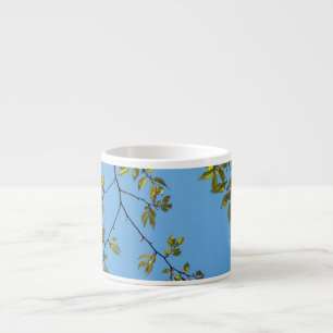 beautiful branch with green and yellow leaves hug espresso cup