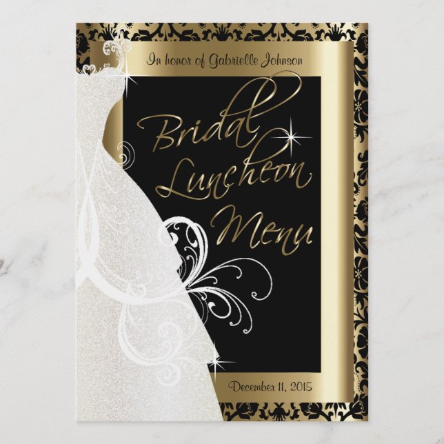 Beautiful Bridal Menu in Gold & Black Damask (Front)
