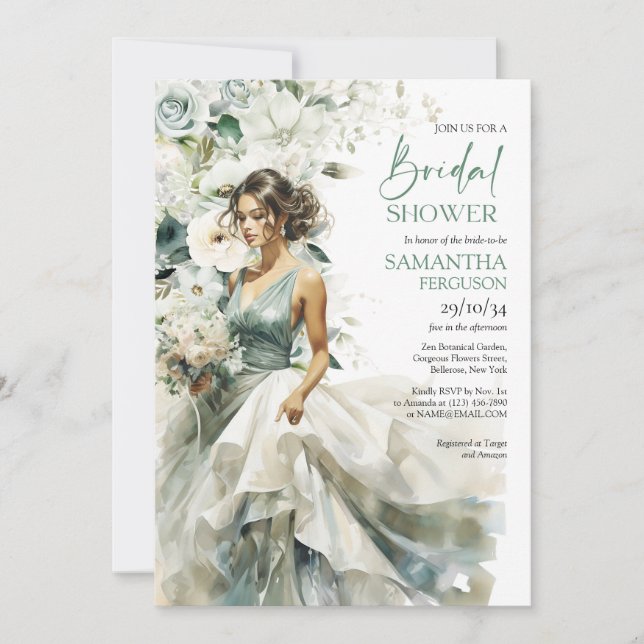 Beautiful bride with wedding dress and bouquet  invitation (Front)