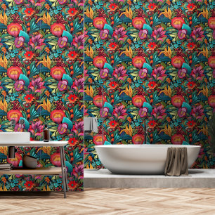 Beautiful Bright Coloured Red Orange Turq Bathroom Wallpaper