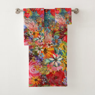 Beautiful Bright Colourful Abstract Floral Pattern Bath Towel Set