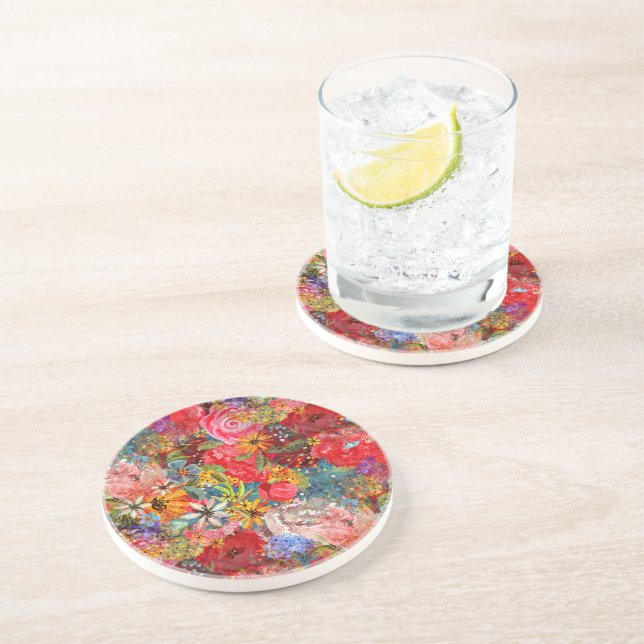 Beautiful Bright Colourful Abstract Floral Pattern Coaster (Side)