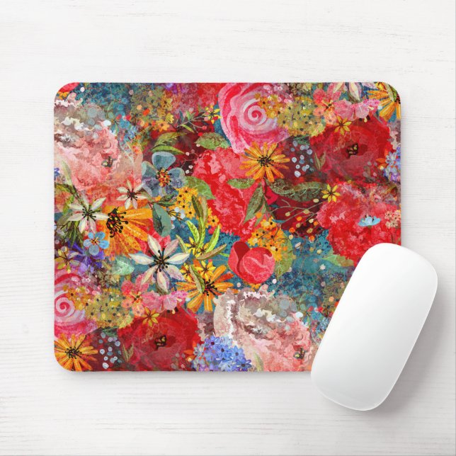 Beautiful Bright Colourful Abstract Floral Pattern Mouse Pad (With Mouse)