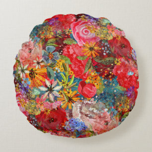 Beautiful Bright Colourful Abstract Floral Pattern Round Cushion