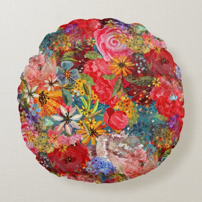 Beautiful Bright Colourful Abstract Floral Pattern Round Cushion (Front)