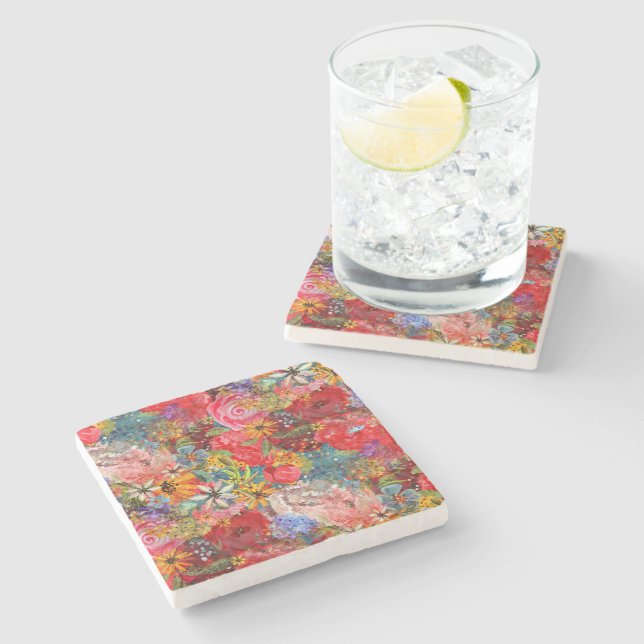 Beautiful Bright Colourful Abstract Floral Pattern Stone Coaster (Side)