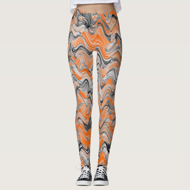 Beautiful Bright Orange Wavy Curvy Lined Pattern Leggings (Front)