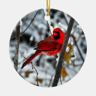 Beautiful Bright Red Cardinal in the Snow Ceramic Ornament
