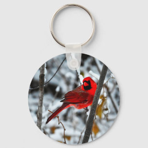 Beautiful Bright Red Cardinal in the Snow Key Ring