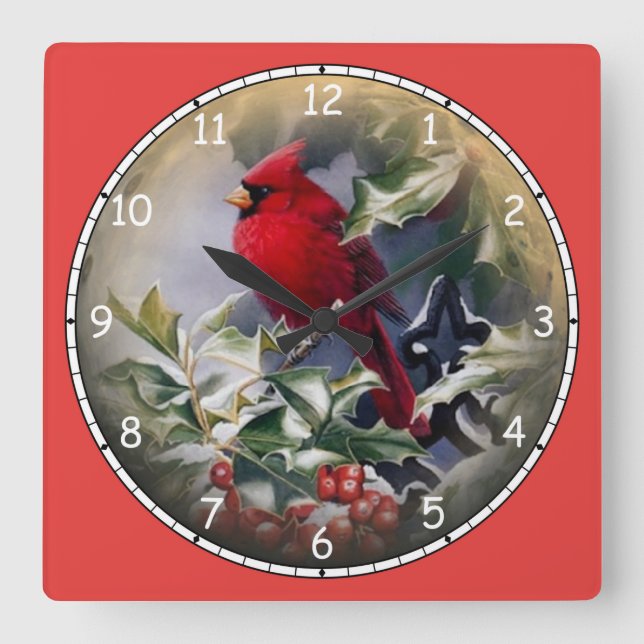 Beautiful Bright Red Cardinal Square Wall Clock (Front)