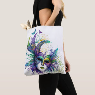 BEAUTIFUL BRIGHTLY COLORED MARDI GRAS MASK TOTE BAG