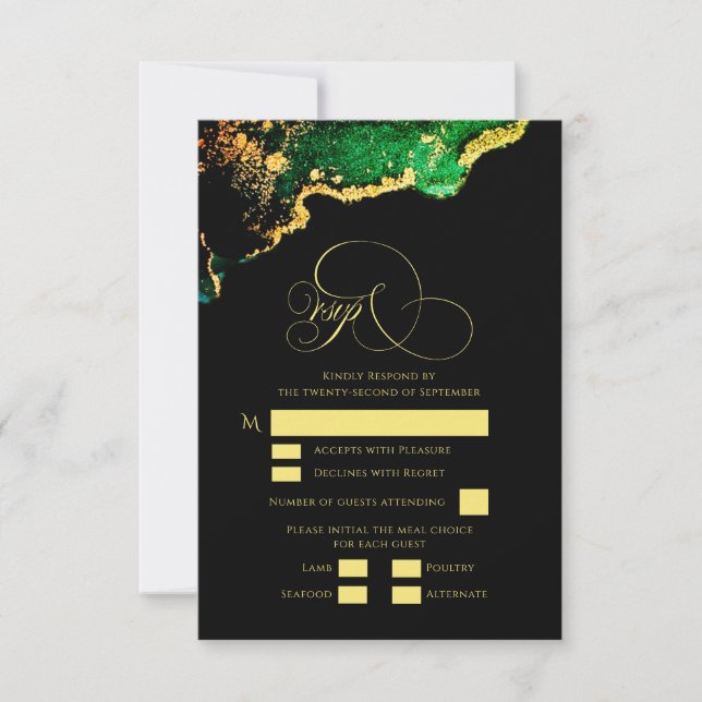 Beautiful Bronze Green Gold Agate Wedding RSVP Card (Front)