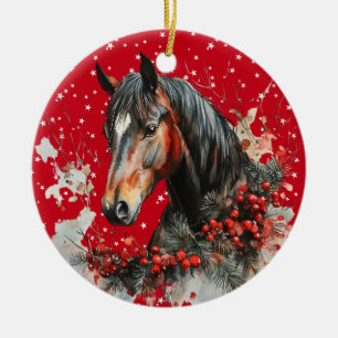 BEAUTIFUL BROWN AND WHITE CHRISTMAS HORSE CERAMIC ORNAMENT