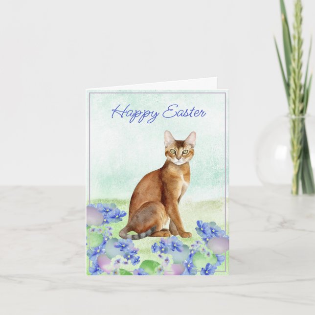 Beautiful Brown Cat with Easter Eggs and Flowers Card (Front)