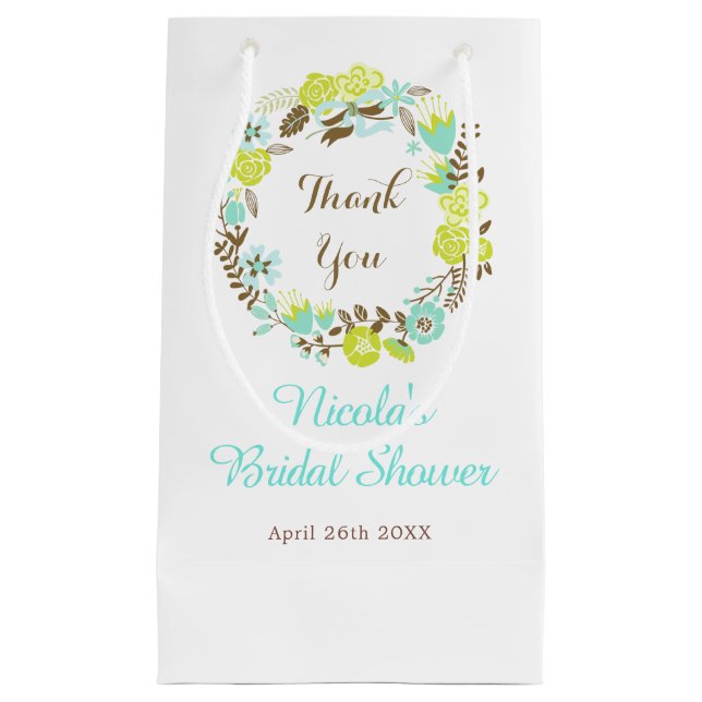Beautiful Brown Green Floral Wreath Bridal Shower Small Gift Bag (Front)