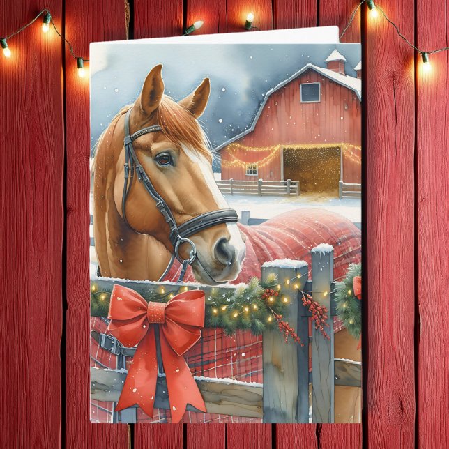 Beautiful Brown Horse at a Festive Barn Christmas Card (Creator Uploaded)