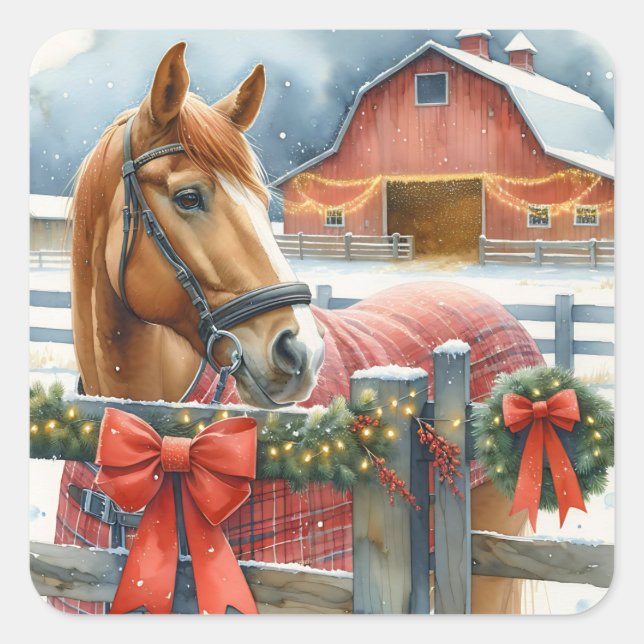 Beautiful Brown Horse at a Festive Barn Christmas Square Sticker (Front)