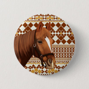 Beautiful Brown horse on Earthy Geometric Pattern  6 Cm Round Badge