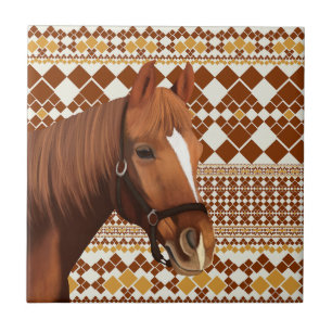 Beautiful Brown horse on Earthy Geometric Pattern  Ceramic Tile