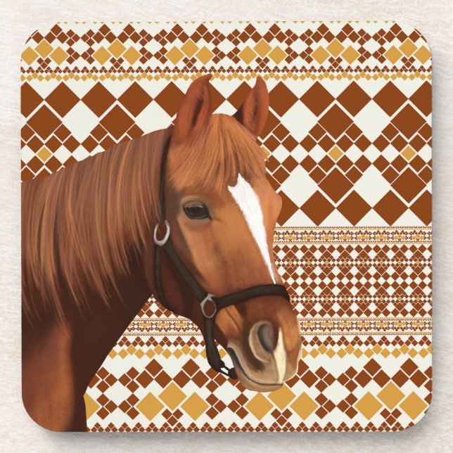 Beautiful Brown horse on Earthy Geometric Pattern  Coaster (Front)