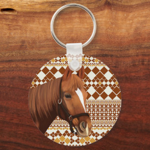 Beautiful Brown horse on Earthy Geometric Pattern  Key Ring