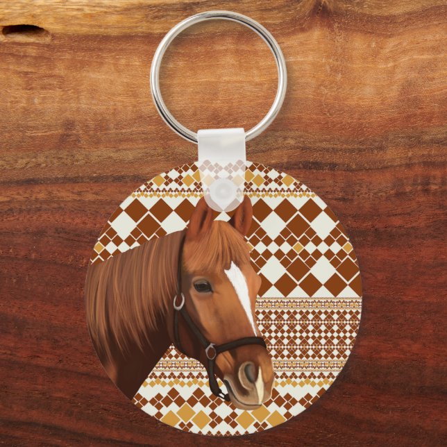 Beautiful Brown horse on Earthy Geometric Pattern  Key Ring (Back)
