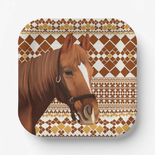 Beautiful Brown horse on Earthy Geometric Pattern  Paper Plate (Front)