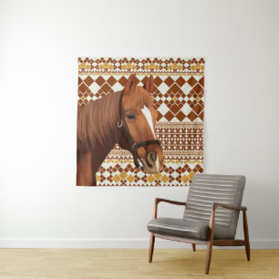 Beautiful Brown horse on Earthy Geometric Pattern  Tapestry