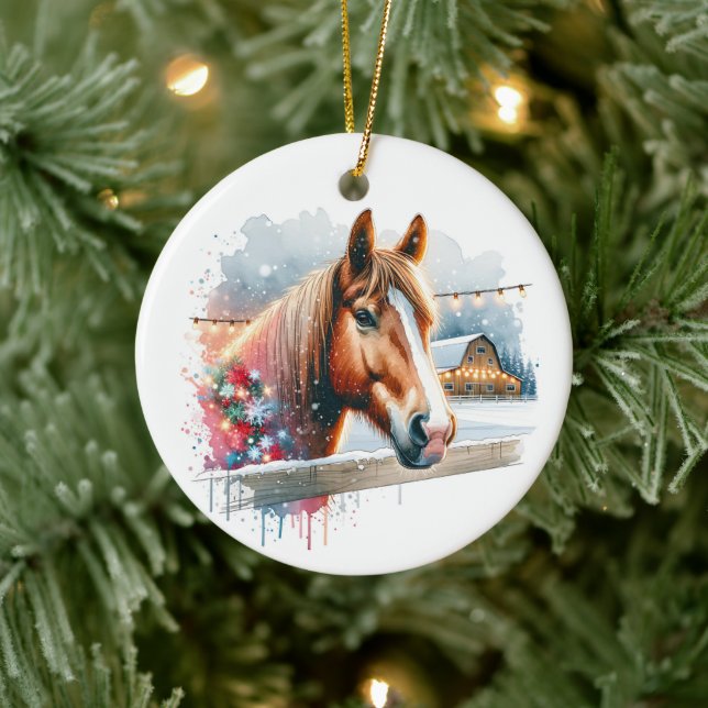 Beautiful Brown Horse on Farm Christmas Ceramic Ornament (Tree)