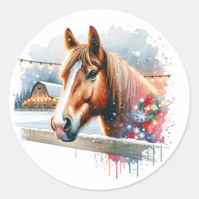 Beautiful Brown Horse on Farm Christmas Classic Round Sticker (Front)